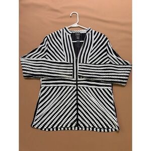 Chicos Travelers Collection Dottie Stripe Zip Front Mesh Top Black White Size 0